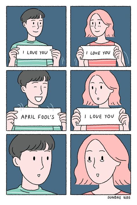 Comic Strip Ideas, Sundae Kids, Small Comic, Comic Ideas, Relationship Comics, Happy April, Custom Portrait Illustration, April Fool, Cute Couple Comics