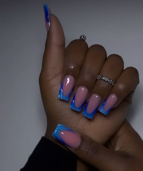 Nails With Cute Designs, Pink Blue French Tip Nails, French Tip Nails With Colored Tips, Blue And Purple French Tip Nails, Nail Ideas Simple Blue, Blue Nails With Butterfly, Turquoise Acrylic Nail Designs, Blue Nails Cute, Nail Tech Designs