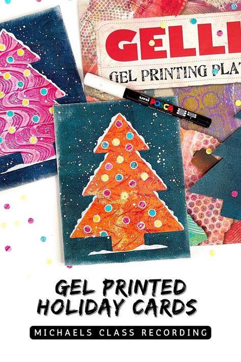 Image of two holiday cards featuring a christmas tree, a gel printing plate and a Posca paint marker. Overlay text reads: Gel Printed Holiday Cards - Michaels Class Recording Gelli Plate Cards, Gel Printing Plate, Fun Holiday Cards, Gelli Printing Art, Diy Holiday Cards, Gelli Plate Art, Gel Printing, Print Christmas Card, Gelli Plate Printing