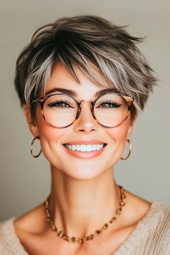 Save this pin for the best short layered haircuts with bangs. A layered pixie cut that pairs perfectly with glasses? Yes, please! This pixie has layers that create height and volume, giving fresh texture to your look. Short Layered Haircuts With Bangs, Haircut Gray Hair, Layered Pixie Haircuts, Layered Pixie Cut, Layered Pixie, Grey Hair Transformation, Layered Haircuts With Bangs, Pixie Cut With Bangs, Short Hair Lengths