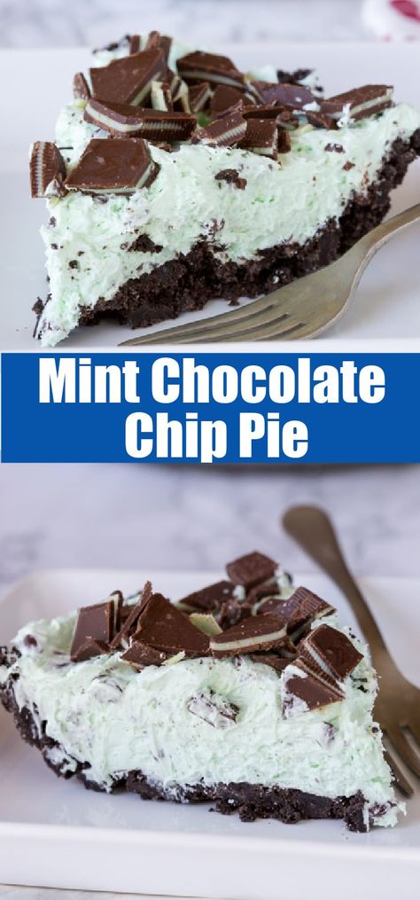 int Chocolate Chip Pie - a creamy mint pie with chocolate chips, topped with Andes mints, all in an Oreo crust!  Such an easy no bake recipe for those hot days. No Bake Cherry Chocolate Chip Pie, Mint Pie No Bake, Chocolate Mint Pie Recipes, Andes Mint Pie, Andes Mint Poke Cake, Andes Mint Desserts, Andes Mint Pie Recipe, Cold Pie Recipes, Chocolate Mint Desserts