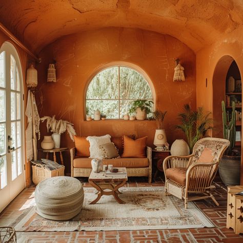 boho terra cotta living room Clay Colored Walls Living Rooms, Terra Cotta Dining Room, Best Boho Paint Colors, Terra Cotta Office, Terra Cotta Room, Terra Cotta Living Room, Terra Cotta Paint Color, Boho Paint Colors, Terracotta Living Room