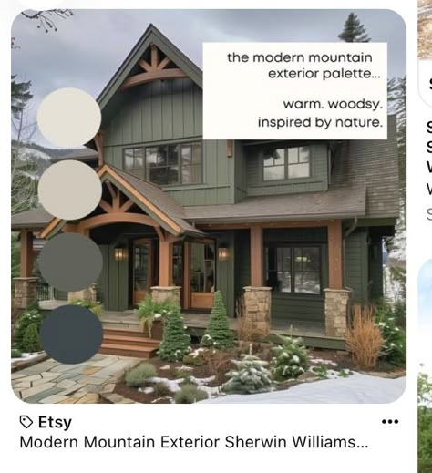 Dark Green Lake House, Mountain House Exterior Paint Colors, Green Lake House, River House Exterior, Sage Green House Exterior, Green Siding House, Mountain House Exterior, Sage Green House, Sage House