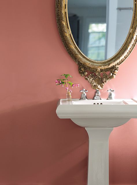 Pink Paint Color by Family - Benjamin Moore's Texas Rose 2092-40. Via @benjamin_moore Burlesque Bathroom, Apartment Bedroom Ideas For Women, Rose Paint Color, Pink Bathroom Ideas, Victorian Burlesque, Rose Ceiling, Bedroom Ideas For Women, Pink Bedroom Walls, Apartment Bedroom Ideas