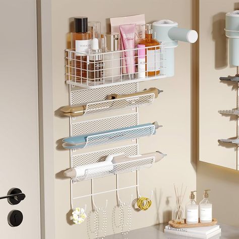 Amazon.com: Wall-Mounted Hair Dryer Holder Styling Tool Organizer 4-Shelf Storage Wire Basket with Hook Heat Safe Rack for Hair Straighteners,Curling Wands,Flat Iron,Perfume,Cabinet Door Bathroom Kitchen : Home & Kitchen Hair Straightener Wall Holder, Hair Styling Organizer, How To Store Hair Tools, Hair Salon Organization, Bob Hairstyles With Braids, Diy Hair Tool Organizer, Hot Tool Storage, Hair Products Organization, Perfume Cabinet