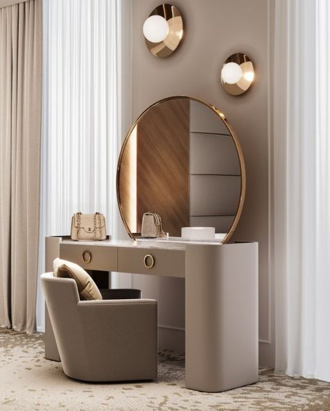 Modern trendy dressing table mirror with chair designs inspiration Mirrored Table Decor, Classic Interior Design Luxury, Grey Dressing Table, Dressing Table Modern, Furniture Sets Design, Office Interior Design Modern, Modern Office Interiors, Leather Sofa Living Room, Dressing Table With Chair