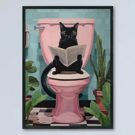 Newspaper Canvas, Retro Kunst, Söt Katt, Cat Reading, Retro Art Deco, Tableau Art, Arte Animal, Bathroom Art, Cat Painting