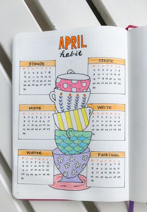 Daily habit tracker for April for bullet journal decorated with teacups April Bujo Habit Tracker, April Bullet Journal Habit Tracker, April Habit Tracker, Bullet Journal Habit Tracker, Journal Habit Tracker, Daily Bullet Journal, Daily Habit Tracker, Tracker Bullet Journal, April Bullet Journal