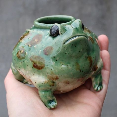 Interesting Ceramic Ideas, Frog Mug Pottery, Ceramic Frog Mug, Frog Pinch Pot, Animal Pottery Ideas, Cermanic Ideas, Silly Ceramics, Ceramics Frog, Unique Pottery Ideas Creative