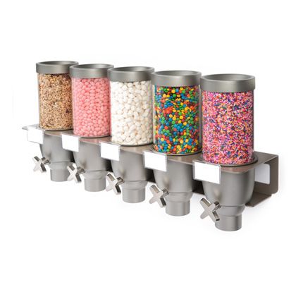 Rosseto | EZ-SERV Five-Container Wall Mounted Dispenser (.65 Gallons Each) #CandyDispenser #CerealDispenser #SpiceDispenser #SnackDispenser #Rosseto Snack Display, Acrylic Containers, Food Dispensers, Yogurt Shop, Cereal Dispenser, Nostalgic Candy, Candy Dispenser, Food Dispenser, Food Displays