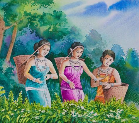 Watercolour Painting: Watercolour painting Tea Garden Drawing, Watercolor Art Landscape Village, Village Composition Painting, Village Watercolor Painting, Students Drawing, Festival Drawing, Scenery Drawing For Kids, Village Drawing, Composition Drawing