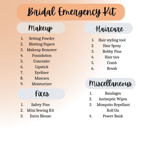 A well-organized Indian bride emergency kit, containing essential items like safety pins, touch-up makeup, tissues, and more, ready to tackle any unforeseen situations on the wedding day. Makeup Kit For Bride List, Bride Essentials List Indian, Groom Emergency Kit, Bride Emergency Kit, Bridal Emergency Kits, Bride Groom Photoshoot, Makeup Kit Essentials, Wedding Emergency Kit, Mini Sewing Kit