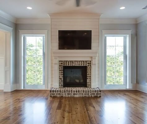 Tv On Shiplap Fireplace, Fireplace Surrounds Shiplap, Fireplace Placement Ideas, Fireplace With Doors On Each Side, Fireplace With No Hearth, Windows By Fireplace, Fireplace With Windows On Both Sides, Windows Next To Fireplace, Master With Fireplace