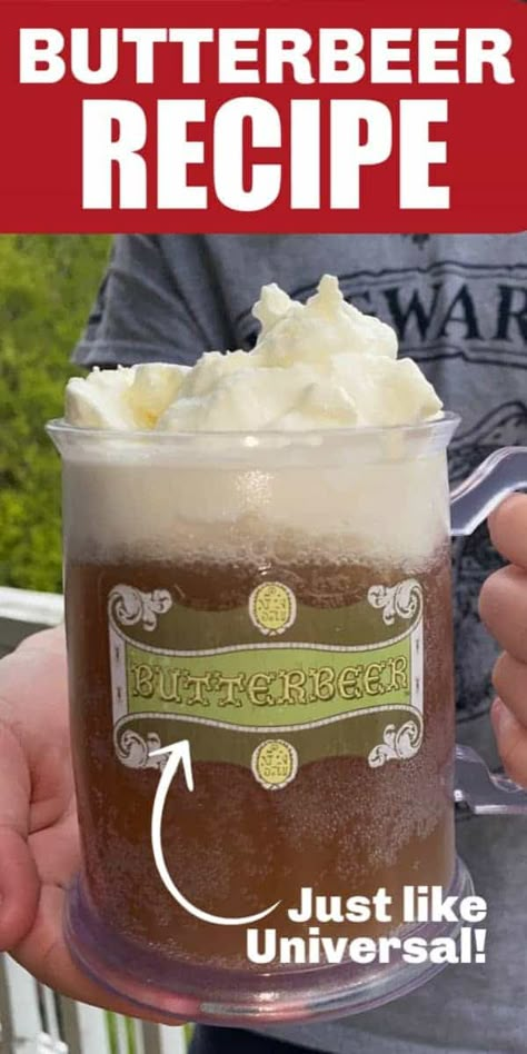 This Butterbeer recipe tastes just like butterbeer at Universal Studios. It's rich cream soda and butterscotch flavors pair perfectly with the butterscotch whipped cream topping! It's just like your in Harry Potter's world! Butterbeer Cookies, Butter Beer Recipe Harry Potter, Harry Potter Butterbeer, Harry Potter Snacks, Butterscotch Syrup, Whipped Cream Topping, Harry Potter Butter Beer, Butterbeer Recipe, Butter Beer