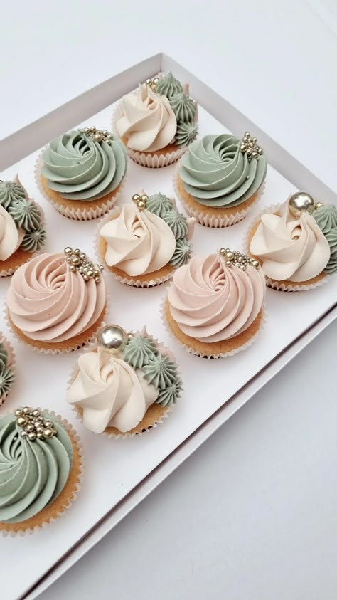 Blush Cupcakes Wedding, Sage And Pink Cupcakes, Sage Green And Peach Cupcakes, Sage And White Cupcakes, Classy Cupcake Ideas, Sage And Blush Cupcakes, Simple Pretty Cupcakes, Gender Neutral Cupcake Ideas, Simple Elegant Cupcakes