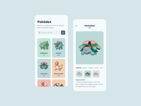 Mobile Pokedex App - Design Exploration by Sulis Triyono on Dribbble Pokedex App, Web Design Inspiration Portfolio, Figma Design, Design Exploration, Ui Color, Card Ui, Mega Evolution, Ux Mobile, Japanese Phrases