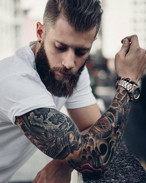 #sleevetattooideas Check out our website for more tattoo ideas 👉 positivefox.com Beard Pictures, Male Tattoos, Hipster Beard, Red Beard, Geometric Tattoos, Beard Lover, Full Sleeve Tattoos, Beard Love, Beard Tattoo