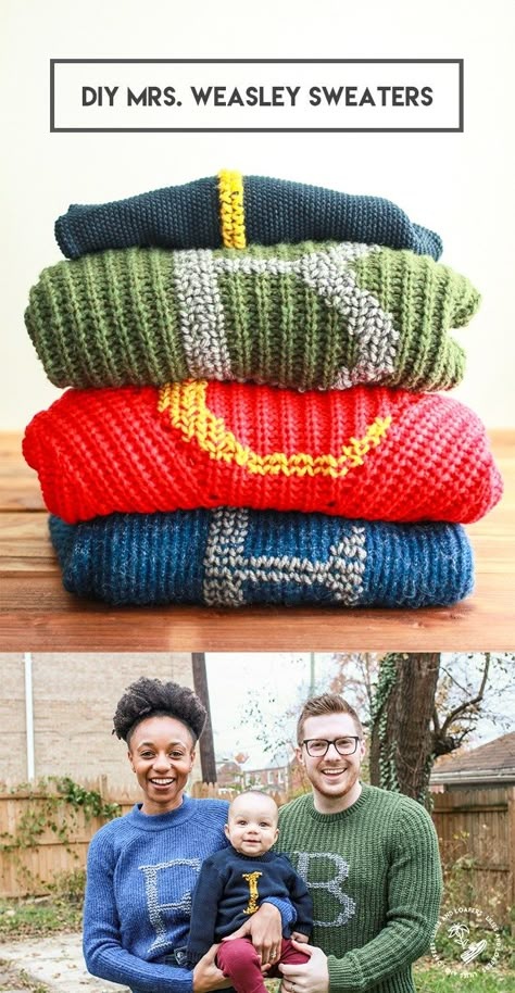 DIY Mrs. Weasley Sweaters make the perfect handmade gift for Christmas. But it doesn't require you to knit a whole sweater. Mrs Weasley Sweater, Diy Harry Potter Sweater, Diy Weasley Sweater, Harry Potter Sweater Crochet, Weasley Christmas Sweater, Crochet Harry Potter Sweater, Crochet Weasley Sweater, Harry Potter Sewing Projects, Harry Potter Knitting