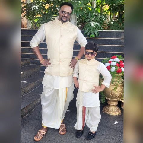 Twinning tradional outfits for father and son #matchingoutfits #matching #designer #traditional #pyjama #kurtha #bandi #dhothi #indianwear #fatherson Traditional Wedding Dresses, Father And Son, Designer Wear, Traditional Wedding, Indian Wear, Matching Outfits, Wedding Shop, Indian Wedding, Twins