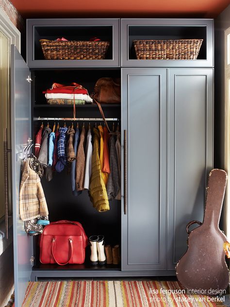 Riverdale Entry Mudroom | Custom Armoire closet  Lisa Ferguson Interior Design   >>>> PERSONALIZED, SENTIMENTAL and THOUGHTFUL + INNOVATIVE PROBLEM SOLVING full service interior & furniture design firm in Toronto, Canada <<<< www.lisafergusoninteriordesign.com Coat Room Design, Coat Closet In Kitchen, Armoire For Coats, Armoire In Foyer, Creative Coat Closet Ideas, Mudroom Ideas Entryway Closet, Mudroom With Coat Closet, Armoire Coat Closet, Built In Coat Closet Entryway