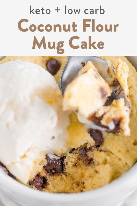 Keto Mug Cake With Coconut Flour, Mug Cake Coconut Flour, Coconut Flour Mug Cake, Shakeology Mug Cake, Low Carb Mug Cakes, Chocolate Chip Mug Cake, Chip Mug, Cake Calories, Sugar Free Cheesecake