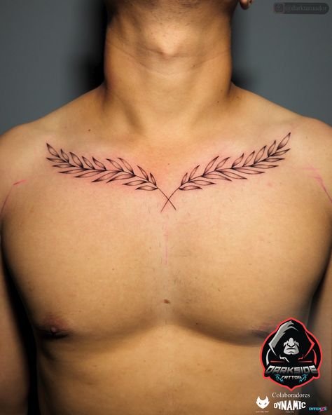 Laurel Wreath Back Tattoo, Greek Leaves Tattoo Chest, Laurel Wreath Tattoo Men Chest, Olive Branch Tattoo Chest, Laurel Reef Tattoo, Leaf Chest Tattoo Men, Chest Leaves Tattoo, Chest Leaf Tattoo, Olive Leaf Tattoo Men