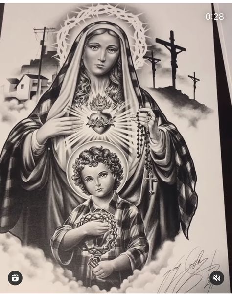 Virgin Mary Chest Tattoo, Mary And Jesus Tattoo, Mary Back Tattoo, Chicano Angel Tattoo, Chicano Tattoo Design Ideas, Mother Mary Tattoo, Christus Tattoo, Mother Mary Tattoos, Half Sleeve Tattoos Sketches