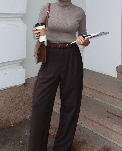 category is: brown fall outfits by @annarasmiaa☕️🤎🍂 ⁠ Brown Trousers Outfit Aesthetic, Brown Effortless Pants Outfit, Brown Trouser Outfit, Dark Brown Trousers Outfit, Dark Brown Trousers Outfit Women, Brown Fall Trousers, Classic Tailored Brown Pants, Brown Pants Dark Academia, Brown Trousers Outfit Women