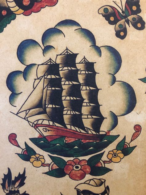 Traditional Nautical Tattoo, Traditional Tattoo Painting, Traditional Sailor Tattoos, Traditional Ship Tattoo, Sailor Jerry Tattoo Flash, Pirate Ship Tattoo, Tato Tradisional, Boat Tattoo, Rose Drawing Tattoo