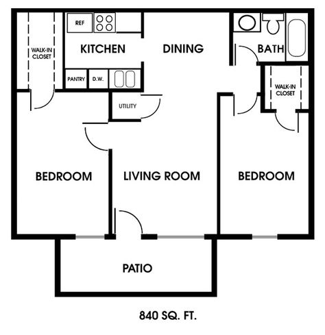 2 Bedroom Floor Plan Floor Plans One Bedroom, House Single Floor, Two Bedroom Floor Plan, One Bedroom Apartments, 2 Bedrooms Apartment, 2 Bedroom Floor Plans, 2 Bedroom House Plans, Apartment Floor Plan, Apartment Floor Plans