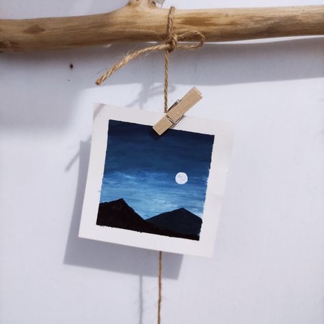 Simple Moon Painting Ideas, Painting Ideas Moon Night Skies, Sky Painting Ideas Easy, Blue Easy Paintings, Easy Moon Paintings For Beginners, Mountain Scenery Painting Easy, Beginner Painting Ideas Easy Simple On Paper, Night Scenery Painting Moonlight, Simple Acrylic Paintings On Paper