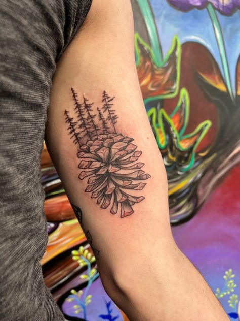 Nature connected, Tattoo Ideas Connected Tattoo Ideas, Nature Elbow Tattoo, Pine Cone Tattoo, Pinecone Tattoo, Cone Tattoo, Autumn Tattoo, Temple Decor, Elbow Tattoos, Nature Tattoos