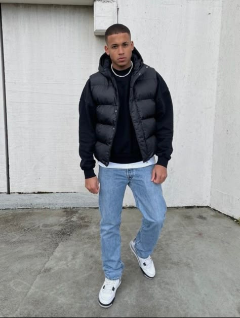 Blue Jeans Outfit Men, Winter Outfits Men Streetwear, Vest Outfits Men, Hoodie Outfit Men, Guys Fashion Casual, Outfits Men Streetwear, Jeans Outfit Men, Streetwear Winter, Trendy Boy Outfits