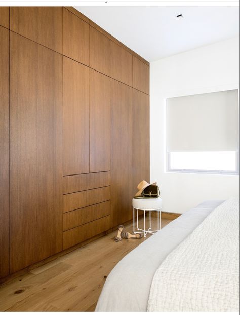 Build In Storage Wall, Mid Century Modern Closet Storage, Mid Century Closet Design, Mcm Closet Ideas, Modern Built In Closet, Wall Of Cabinets Bedroom, Wood Built In Closet, Mid Century Modern Wardrobe Closet, Mid Century Built In Wardrobe