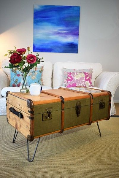 Steamer Trunk Coffee Table, Coffee Table Blanket, Victorian Terrace Interior, Table Blanket, Vintage Steamer Trunk, Trunks For Sale, Antique Trunks, Trunk Coffee Table, Trunk Table