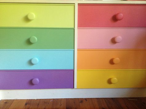 Rainbow chest of drawers Rainbow Chest Of Drawers, Paint Plastic Drawers, Rainbow Dresser, Rainbow Furniture, Girls Rainbow Bedroom, Chester Drawers, Pastel Kidcore, Dance Crafts, Rainbow Bedroom