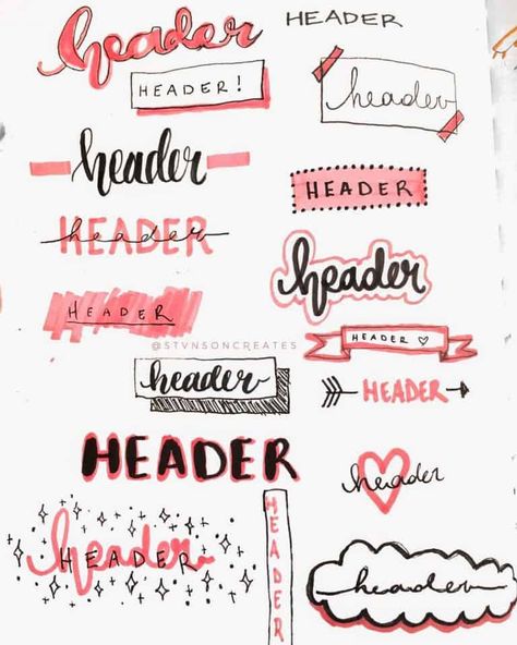 Awesome Bullet Journal header and title ideas, lettering styles, and banners. Tons of inspirations to decorate your Bullet Journal pages. #mashaplans #bulletjournal #bujo #headers #banners #titleideas Paragraph Ideas, Bullet Journal Titles, Bullet Journal Headers, Studera Motivation, Title Ideas, Journal Elements, Bullet Journal Banner, Bullet Journal Notes, Bullet Journal Paper