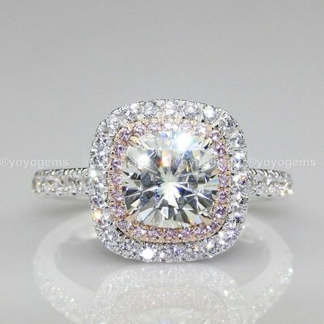 Moissanite Halo Engagement Ring Solid 14K White Gold😀 Double Halo Cushion Engagement Ring, Matching Wedding Ring Sets, Big Wedding Rings, Big Engagement Rings, Fine Engagement Rings, Halo Style Engagement Rings, Matching Wedding Rings, Cool Wedding Rings, Antique Engagement Ring