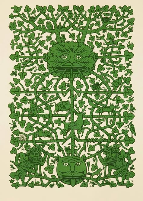 Paul Bommer, Green Man Paul Bommer, British Folklore, Surrealistic Art, Printmaking Inspiration, Green Woman, The Green Man, Green Knight, Happy Stuff, Bug Art