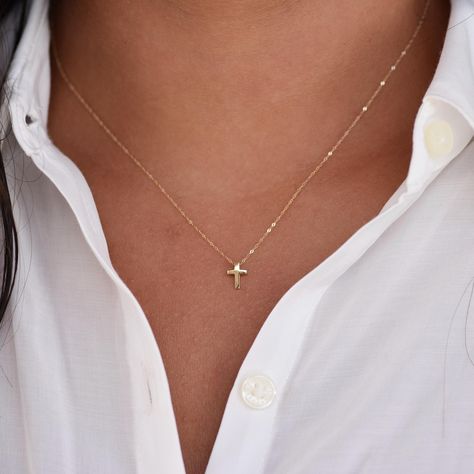 14K Gold Tiny Floating Cross Necklace. 14K Gold Tiny Cross Pendant. Tiny Cross Necklace, Tiny Cross, Solid Gold Necklace, Cross Charms, Cross Pendant, Chains Necklace, Cross Necklace, Gold Jewelry, Favorite Jewelry