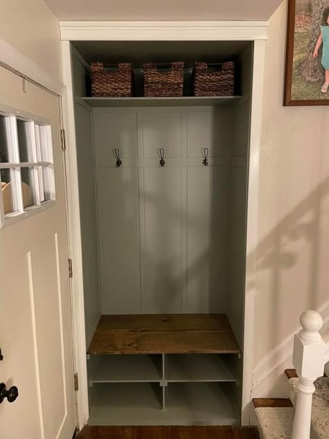 Closet Cubby Ideas, Front Closet Makeover, Front Door Closet, Front Entry Closet, Small Entryway Closet, Small Entry Closet, Closet To Mudroom, Entry Closet Makeover, Entry Closet Ideas