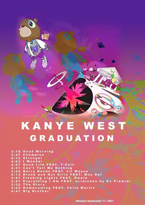 Kanye Graduation Album Cover, Music Poster Ideas Kanye West, Kanye West College Dropout Wallpaper, Air Jordan 1 Orange, Kanye West College Dropout Poster, Kanye West Discography, Graduation Album, Dj Premier, Mos Def