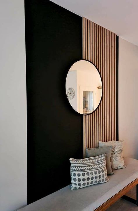 Black With Natural Wood, Slat Wall With Bench, Partial Wood Slat Wall, Black Wall With Wood Slats, Wall Slats Decor, Furniture Small Spaces, New Home Decor, Diy Furniture Hacks, Home Entrance Decor