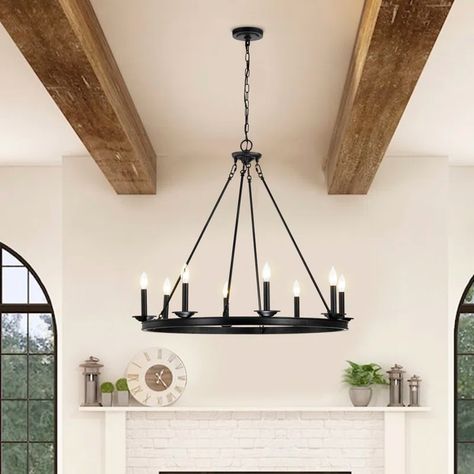 Gracie Oaks Masato 8 - Light Dimmable Wagon Wheel Chandelier | Wayfair Masculine Chandelier, Entryway Light Fixture High Ceiling, Husband Ideas, Black Farmhouse Chandelier, Vibe Board, Light Brush, Spec House, Circle Chandelier, Modern Farmhouse Lighting