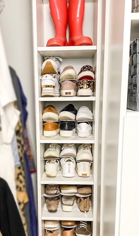 Shoe Closet Basement, Organizing Shoes In Small Closet Diy, Narrow Closet Shoe Storage, Shoe Space In Closet, Shoe Storage In A Small Closet, Small Closet For Shoes, Shoe Rack In Closet Small Spaces, Shoe Rack In Small Closet, Closet Designs Shoe Storage