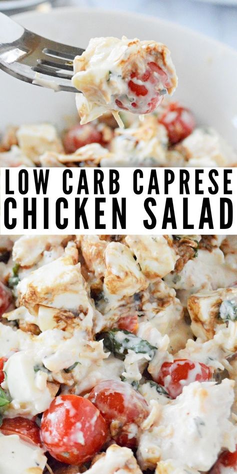 Chicken Caprese Salad Meal Prep, Cold Low Carb Meals, Low Carb No Cook Lunches, Low Carb Caprese Salad, Chicken Caprese Salad Recipe, Caprese Salad Chicken, Keto Caprese Salad, Low Carb Salads For Lunch, Low Carb No Cook Meals