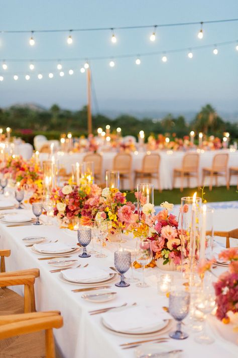 Cabo Weddings, Bright Wedding, Wedding Theme Colors, Sunset Wedding, Future Wedding Plans, Garden Party Wedding, Long Table, Wildflower Wedding, Wedding Table Settings