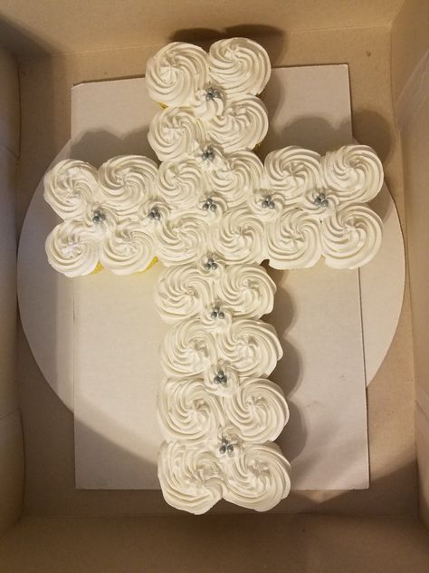 Cross cupcake cake  communion,  confirmation,  baptism Cross Food Ideas, Cross Cupcake Cake Confirmation, Confirmation Celebration Ideas, Confirmation Luncheon Ideas, 1st Communion Brunch Ideas, Cross Cupcake Cake First Communion, First Communion Cupcake Cake, Confirmation Brunch Ideas, Confirmation Cupcakes Ideas