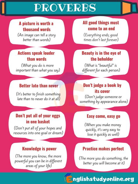 Most Common Proverbs in English with Meanings - English Study Online English Proverbs With Meanings, Proverbs For Kids, Proverbs In English, Common Proverbs, Proverb With Meaning, Proverbs English, Idioms English, English Proverbs, English Desk