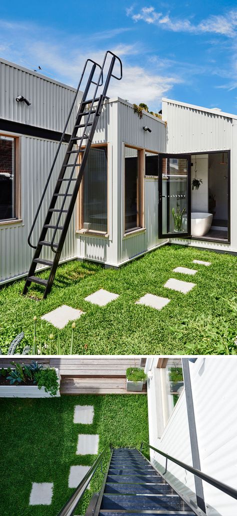 A 100 Year Old Australian Worker's Cottage Was Given A New Life By Altereco Design Steps To Roof Terrace, Terrace Ladder Design, Roof Stairs Outdoor, Rooftop Stairs, Roof Stairs, Box Kayu, Roof Access Ladder, Garage Deck, House Ladder